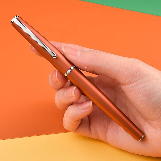 Hongdian 920 Orange Metal Fountain Pen Medium Nib Classic Pen, Includes Refillable Converter and Pen Pouch