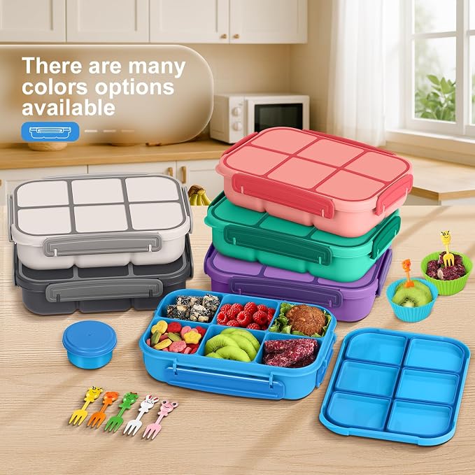 Amathley Lunch Box Kids Girls Boys,Bento Box Adult,Toddler Lunch Containers for School,Leakproof Snack Containers with 6 Compartments,Sauce Container,10 Food Picks and 4 Muffin Cups (Blue)
