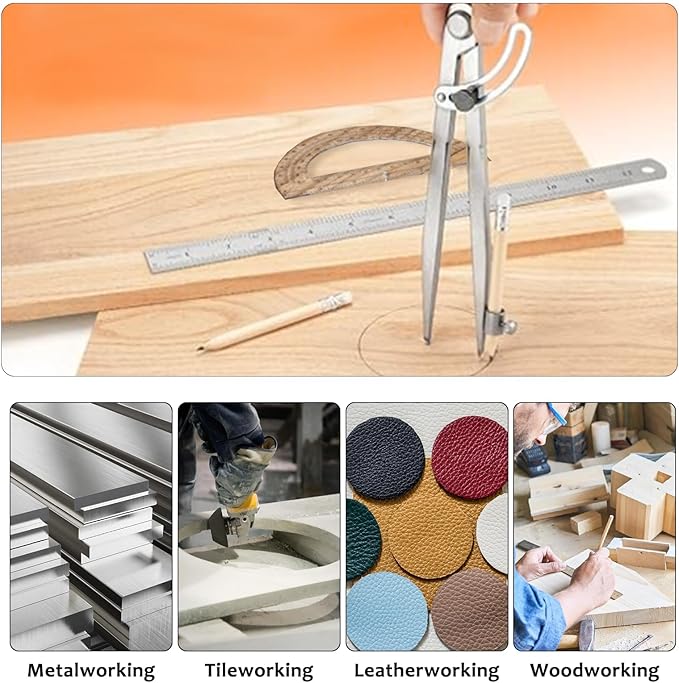 Compass Geometry Tool, Drawing Compass, Professional 12 Inch Large Compass with Wing for Woodworking, 6 Inch Protractor, 12 Inch Ruler, 2 Pencil for Carpenter, Drafting