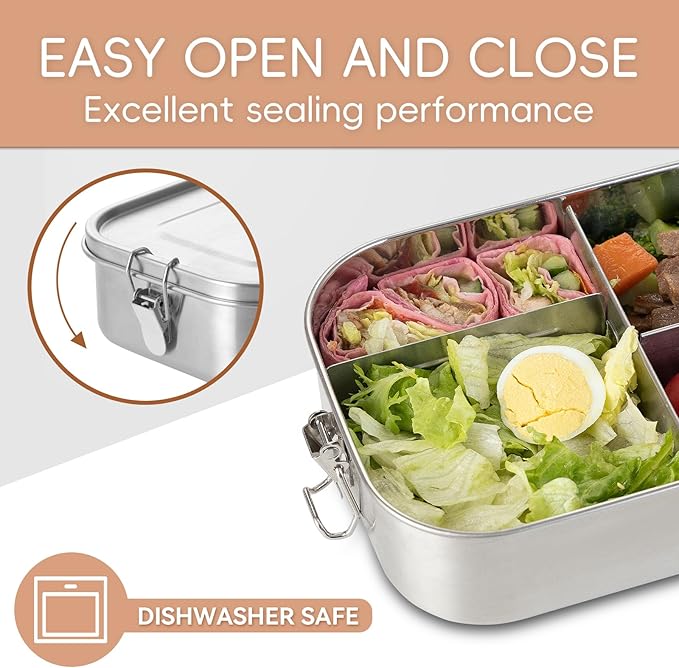 GOLDEN KEY Stainless Steel Lunch Box for Adults,Thickened Metal Bento Box with 4 Compartments, 40oz Large Capacity, Leak-Proof & Eco-Friendly Metal Food Container for Office, Meal Prep & Travel