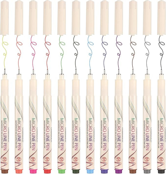01 Micro Fine Point Pen Set - 12 Waterproof Archival Ink Colors, 0.25mm Fineliner Pens for Art Illustrations, Sketching, Anime, Manga, Technical Drawings & Scrapbooking-fan