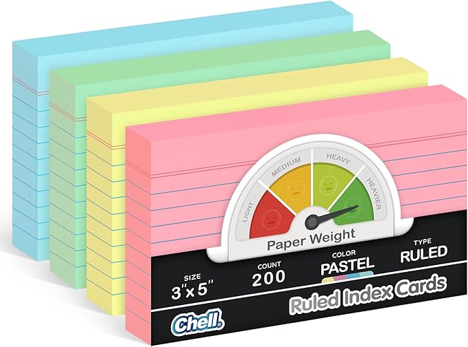 Chell Extra Heavyweight Index Cards 3x5 Inch, No Bleed-Through, 200 Count, Ruled Front and Blank Back, 80 lb. Cover Weight, Pastel Colors