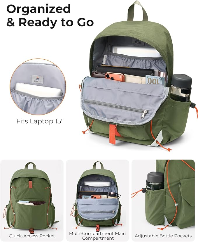 25L Travel Backpack Women Men,Lightweight College Backpack,Green | Casual Daypack, Water Resistant Bookbag, Fit 15.6-inch Laptop, Travel Commuting Gym Hiking Work Bag, TSA Friendly