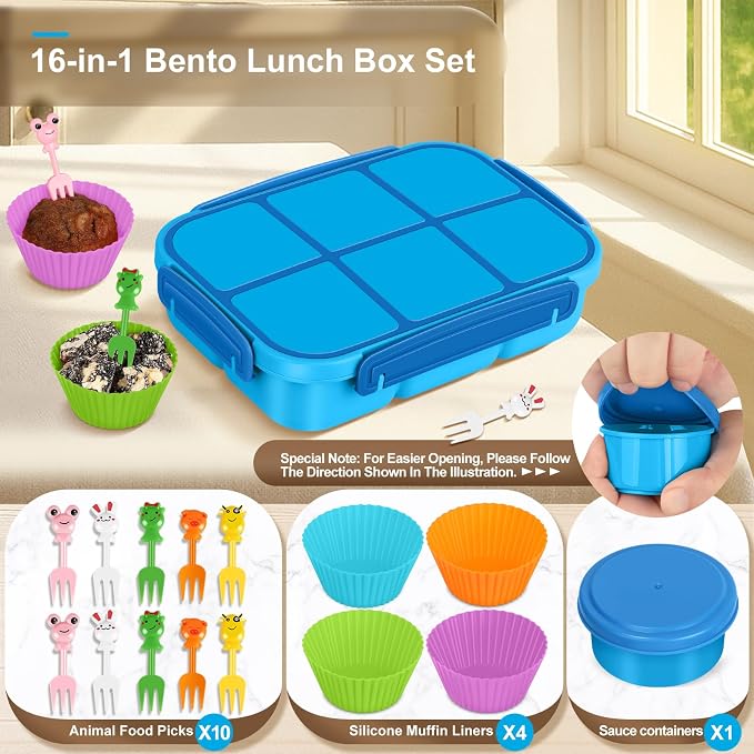 Amathley Lunch Box Kids Girls Boys,Bento Box Adult,Toddler Lunch Containers for School,Leakproof Snack Containers with 6 Compartments,Sauce Container,10 Food Picks and 4 Muffin Cups (Blue)