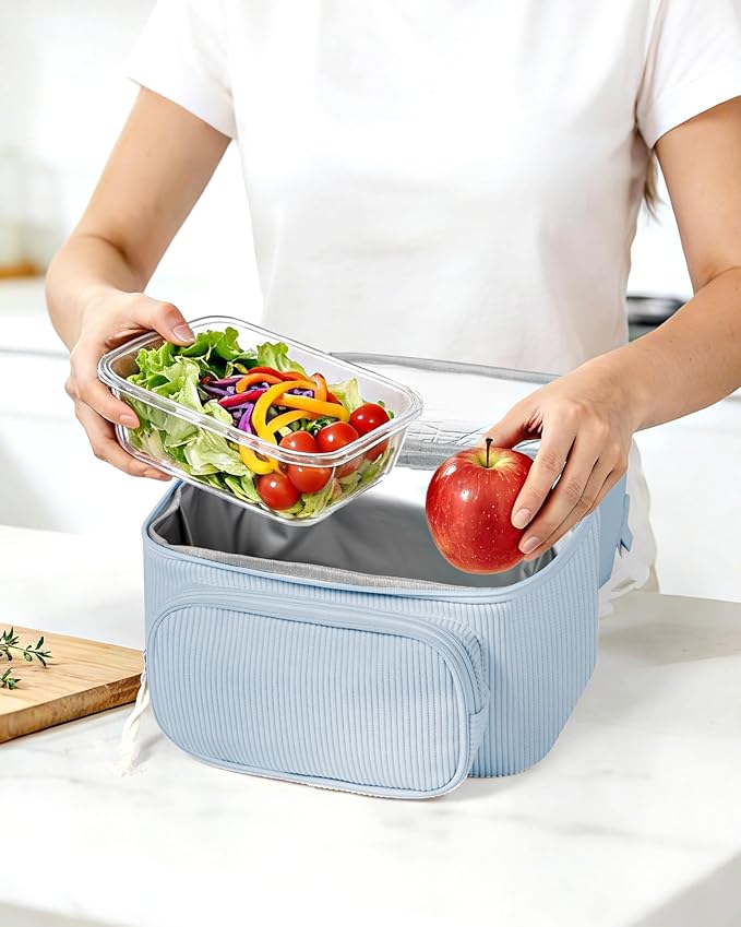 HowFly Lunch Bag for Women Insulated Lunch Boxes Corduroy Resuable Lunch Box for Girls Teens Kigs Boys Portable Thermal Cooler Bags for School Work, Blue