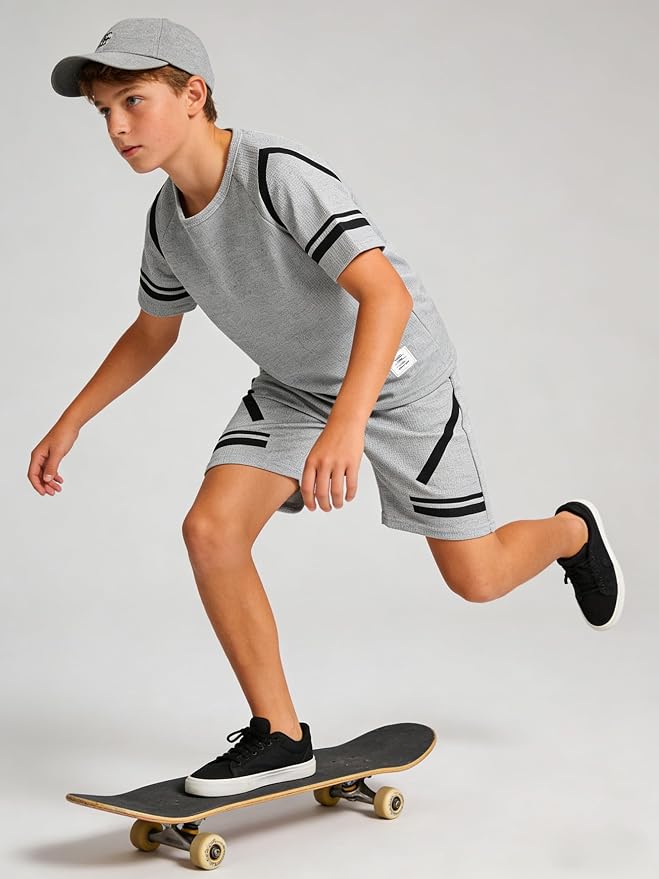 Cakaner Tween Boys Clothes Summer Simple Print T-Shirt And Shorts Set 2 Pieces Teen Trendy Outfits Size 7-14 Year