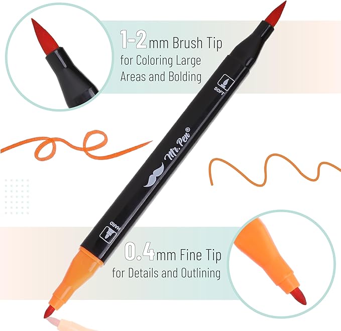 Mr. Pen- Dual Tip Brush Pens, 12 pcs, Vibrant Colors, Brush and Fine Tip Marker, Dual Tip Markers, Art Markers for Adults