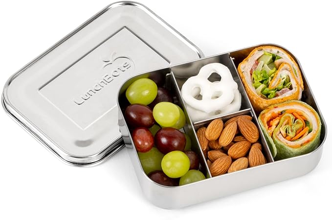 LunchBots Small Protein Packer Bento Box - Extra Small Divided Stainless Steel Snack Container - 4 Sections for 1-2oz of Nuts, Meat, Cheese, Finger Foods - Dishwasher Safe - Stainless Lid