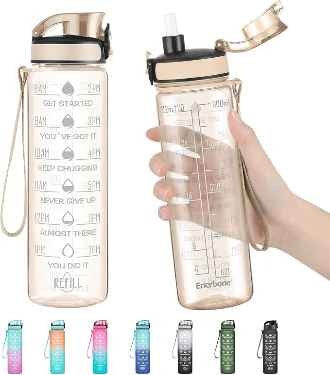 Enerbone Water Bottle, Leakproof BPA & Toxic Free, Motivational Water Bottle with Times to Drink and Straw, Fitness Sports Water Bottle with Strap for Office, Gym, Outdoor Sports