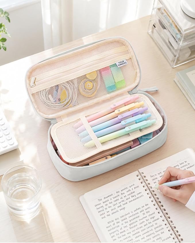 Four Candies Large Pencil Case, 5 Compartments Canvas Pen Organize | Big Capacity Pencil Pouch Bag for School Supplies, Portable Stationery Holder for Teen Girls Boy Men Women