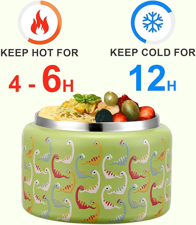 JXXM 8 Oz Thermo Food Jar for Hot & Cold Food for Kids, Insulated Lunch Containers Hot Food Jar,Leak-Proof Vacuum Stainless Steel Wide Mouth Lunch Soup Thermo for School (Green-Colorful Dinosaur)