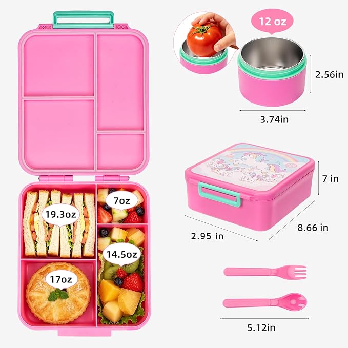 Kids Bento Lunch Box with 12oz Insulated Food Jar, 4-Compartment Lunch Box | Leak-Proof Bento Box for Hot & Cold Food, Easy-Open School Lunch Container for Toddlers Boys & Girls