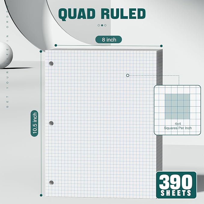 390 Sheets Quad Ruled Graph Paper, 3 Hole Punch Paper 8 x 10.5 White, Loose Leaf Graph Paper,Filler Paper 4 x 4 Graph Rule, Notebook Paper for 3 Ring Binder, Engineering Paper for School Home Business
