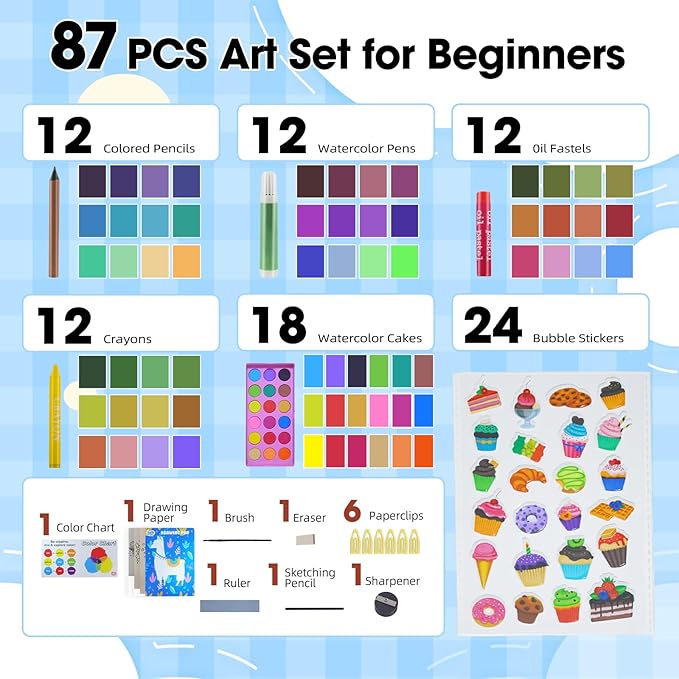 KIDDYCOLOR Kids Art Set, Drawing Art Supplies for Girls & Boys Ages 4-8 with Watercolor Cakes, Oil Pastels, Colored Pencils, Ideal Gift for Young Artist, Black-87pcs