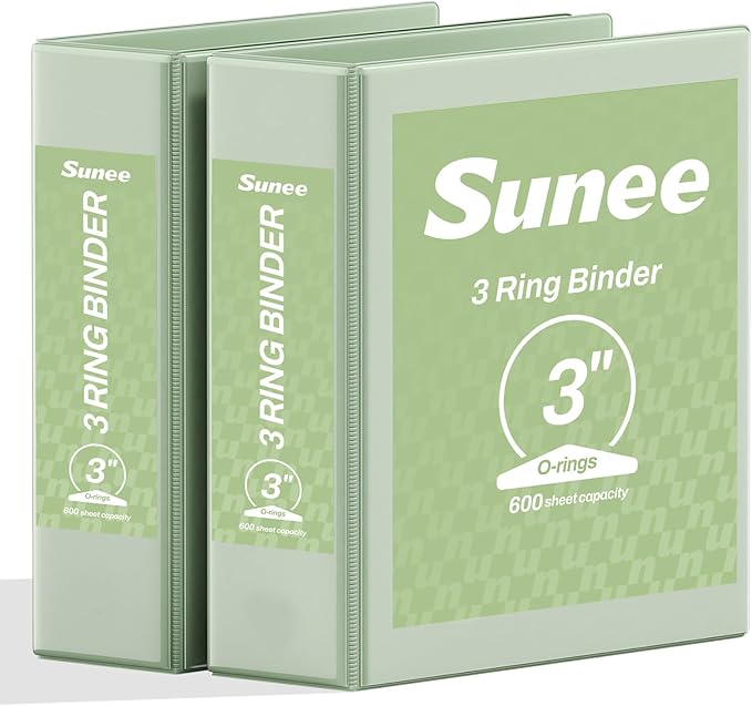 SUNEE 3 Ring Binder 3 Inch 2 Pack, Clear View Three Ring PVC-Free (Fit 8.5x11 Inches) for School or Office Supplies, Sage Green