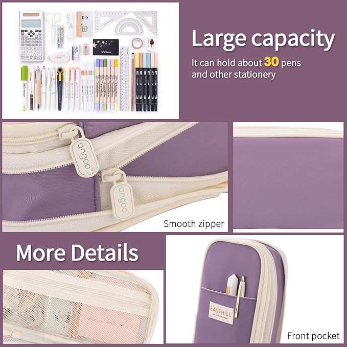 EASTHILL Big Capacity Pencil Case Large Pencil Pouch Stationery Pen Bag for Teen Girls-Purple