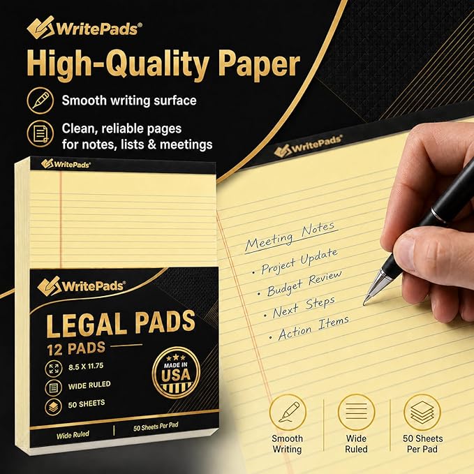 Legal Pads 8.5 x 11.75 Inch Wide Ruled Writing Pads, 12 Pack Note Pads - Yellow Perforated Paper with Hard Back, 50 Sheets Per Pad, No Bleed Notepad Paper for Office, School, Business MADE IN USA