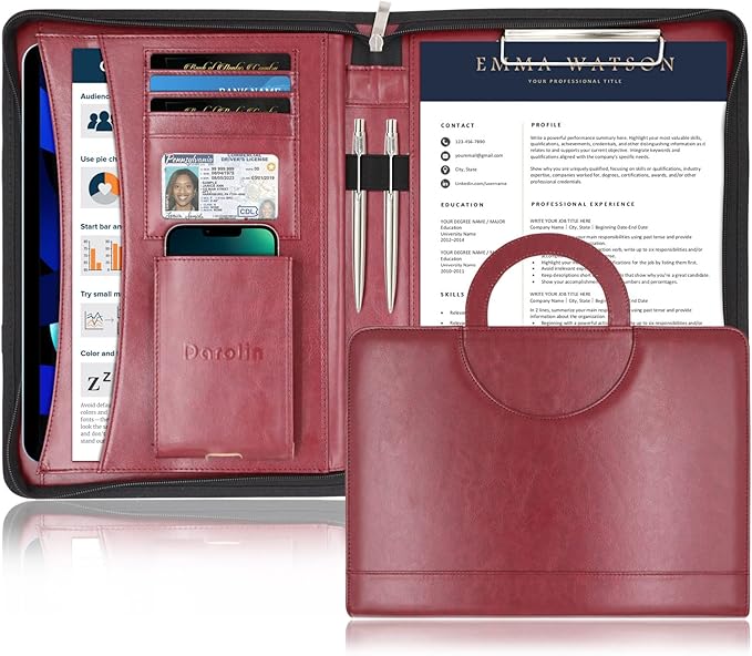 Darolin Vegan Leather Padfolio Portfolio with Handle & Clipboard, Zippered Business Portfolio Organizer for Meetings, Interviews & Travel, Fits A4 & Letter Size, Padfolio for Men Women (Redwine)