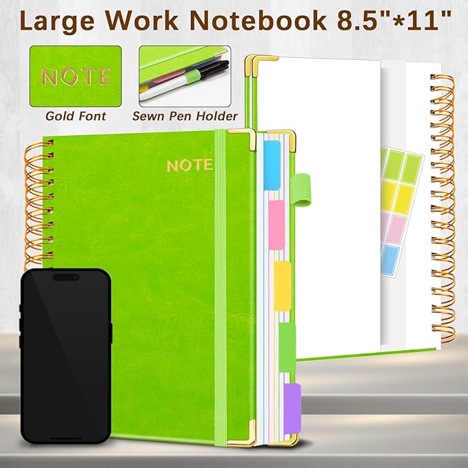 Hardcover Spiral Notebooks for Work 8.5''x 11'', 300 Pages 5 Subject Notebook with Dividers & Tabs, A4 Spiral Journal for Women, College Ruled Notebooks for School Note-Taking (Avocado Green)