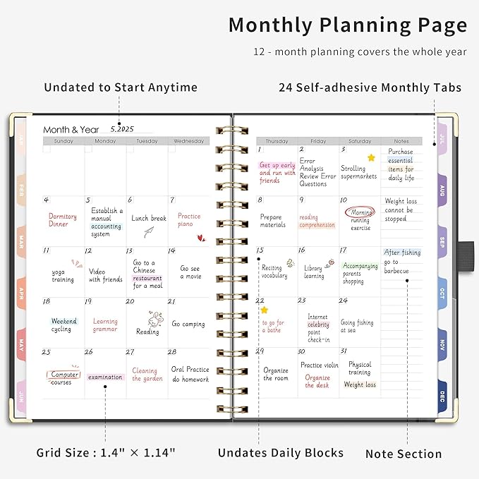 RETTACY Undated Planner, Weekly and Monthly, 53 Weeks and 12 Months, Medium Size (5.7" x 8.3"), 24 Self-adhesive Monthly Tabs, Hardcover, 100 GSM Thick Paper, Spiral-bound (Black)