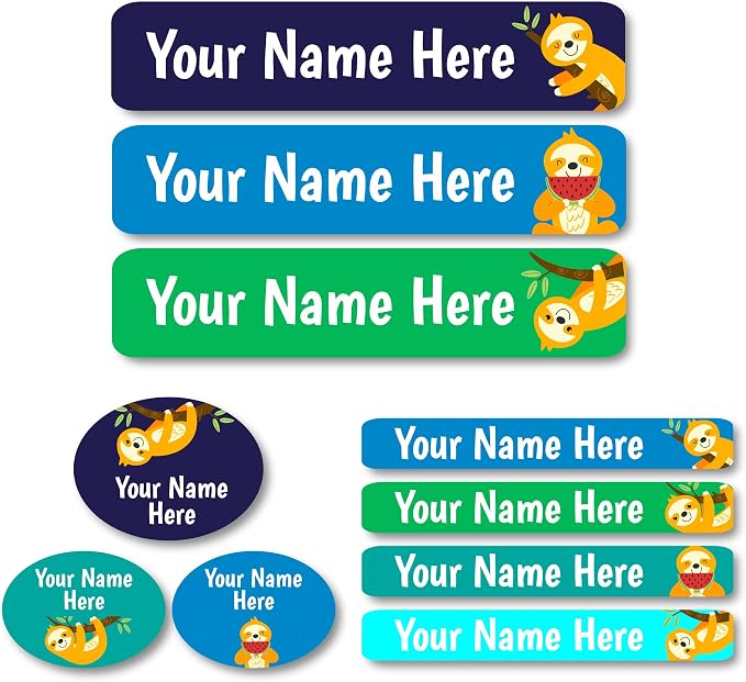 Lovable Labels Personalized Labels for Kids (85 Labels/Pack) - 3 Label Sizes Waterproof Dishwasher Safe Peel & Stick Labels for School Supplies Daycare Camp Clothing Bottles (Sloth Mode)