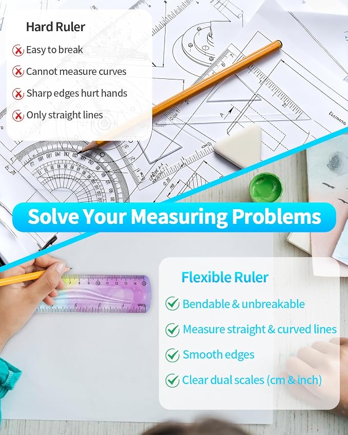 2 Pcs 6 Inch Flexible Ruler, Bendable Plastic Ruler, Gradient-Colored Flexible Rulers with Centimeters and Inches for Students, School, Classroom and Office Use