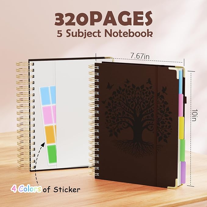 QIYVLOS Hardcover Spiral Notebook, B5 Journal with Removable Dividers Tabs, 5 Subject Notebook College Ruled, 320 Pages 8"x10" Leather Notebooks for Work School Study, Lined Journal for Women, Brown