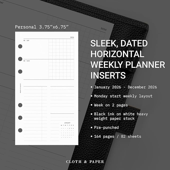 Cloth & Paper 2026 Dated Weekly Planner Inserts - Monday Start | Personal Size 3.75 x 6.75 Inches | 6 Ring Planner Refill Horizontal Weekly Layout, 214 Dated Pages | Minimal Agenda Refill