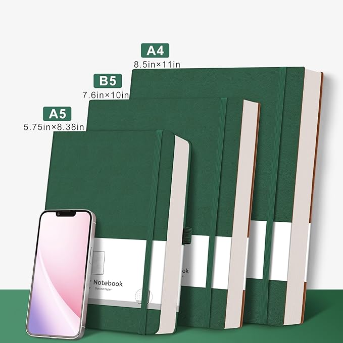 AHGXG Dotted Journal - Large A4 Notebook Dotted, 8.5''×11'', 320 Pages Dot Grid Notebook, 100gsm Thick Paper, Leather Softcover, with Journal Stencils, Inner Pocket, Dark Green