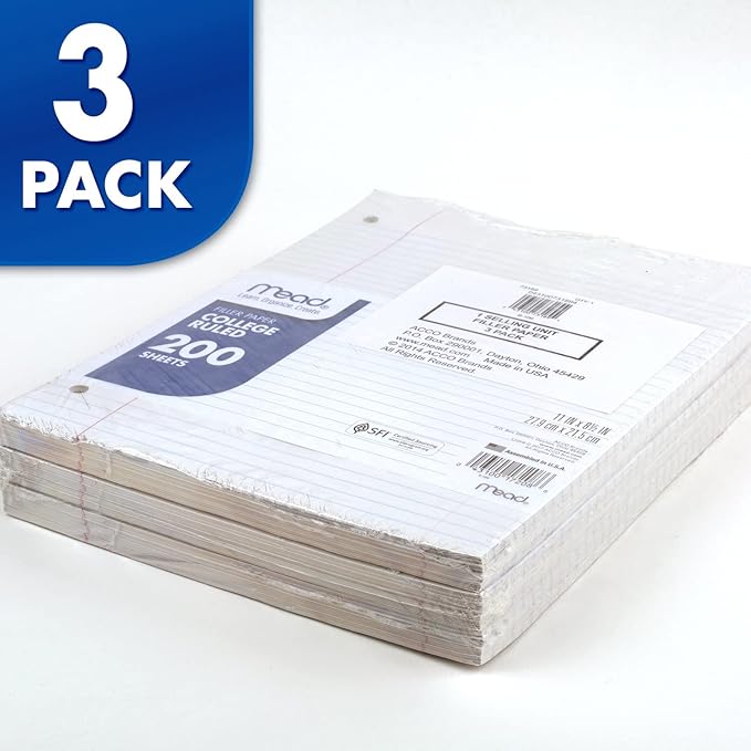 Mead Loose Leaf Paper, 3 Pack, Notebook Paper, College Ruled Filler Paper, Standard, 8.5 x 11, 200 Sheets per Pack (73189)