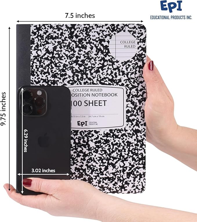 2016 Pack (Pallet) EPI College Ruled Composition Notebook Bulk, 200 pages (100 Sheets), 9-3/4 x 7-1/2, Black Marble, Bulk School Supplies, Heavy Duty, Durable Office Notebooks, Sturdy Sewn Binding
