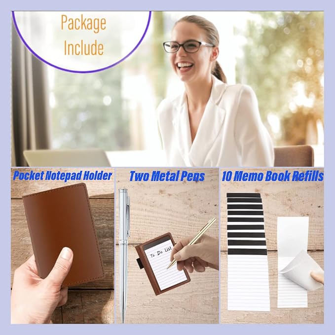 13 Pack Mini Pocket Notepad Set,Included Leather Pocket Notepad Holder,10 Pack 3×5 Inch Small Notebook Refills,Writing Pads with 30 Lined Paper Per,Scratch Pads,Memo Pads,2 Metal Ballpoint pens(Brown)