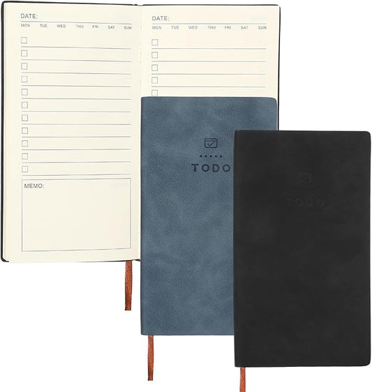 PATIKIL 2Pcs Planner Notebook, A6 100 Sheets Undated to Do List Daily Weekly Monthly Goals Tracker Pocket Notebook for Office Study Time Management Fitness Weeding, Black/Dark Blue