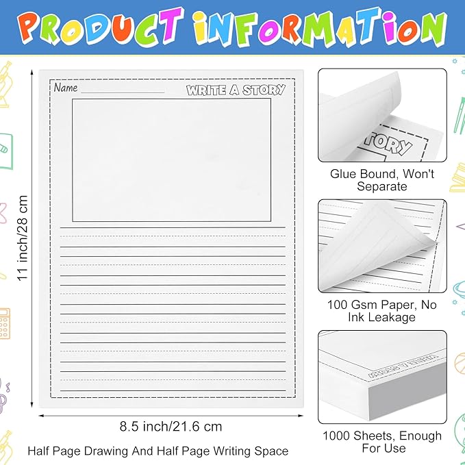 1000 Sheets Writing Beginner Paper for Kids Create Story, 8.5"x11" Handwriting Paper Bulk with Picture Space and Lines DIY Craft Writing Kit for Kids Journal Activity, Back to School Gifts