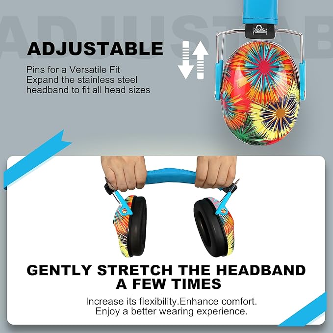 PROHEAR 032 Kids Ear Protection Safety Noise Earmuffs with NRR 25dB, Children Adjustable Headband Hearing Protectors for Monster Trucks, Sports Events, Concerts - Fireworks Pattern