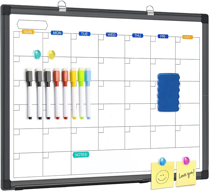 Dry Erase Calendar Whiteboard for Wall, 24" x 18" Magnetic Monthly White Board Calendar Dry Erase, Black Aluminum Frame with Tray for Home, School, Office