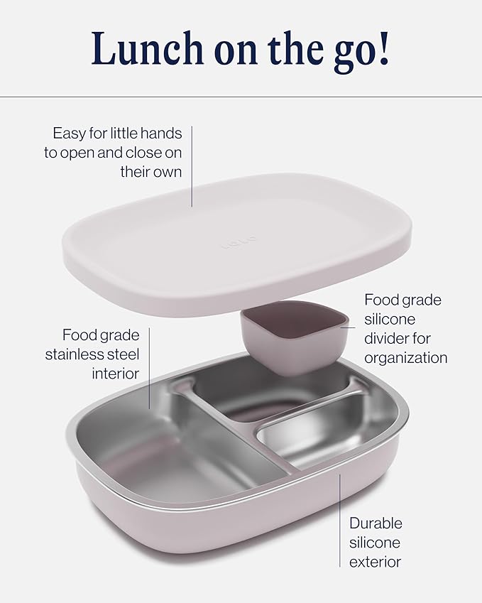 Lalo Bento Box - BPA-Free Bento Box For Kids & Toddlers, Leak-Proof, Dishwasher Safe, Easy to Open & Clean Silicone & Stainless Steel Lunch Box For Kids, Portable for Daycare or Travel - Lavender