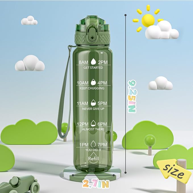 OLDLEY 17oz Kids Water Bottle, Tritan BPA-Free, Leakproof Flip Straw Lid, Motivational Time Marker, Carry Strap, Reusable Clear Water Bottle for Boys & Girls,Jade