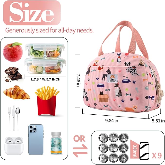 CaCTOUR Lunch Box for Women Girls Teens,Cute Lunch Box Cooler Bag, Portable Insulated Small Lunch Bag Women Reusable Corduroy Lunch Tote for Work/Travel/Picnic/School (Dog Pink,Small)