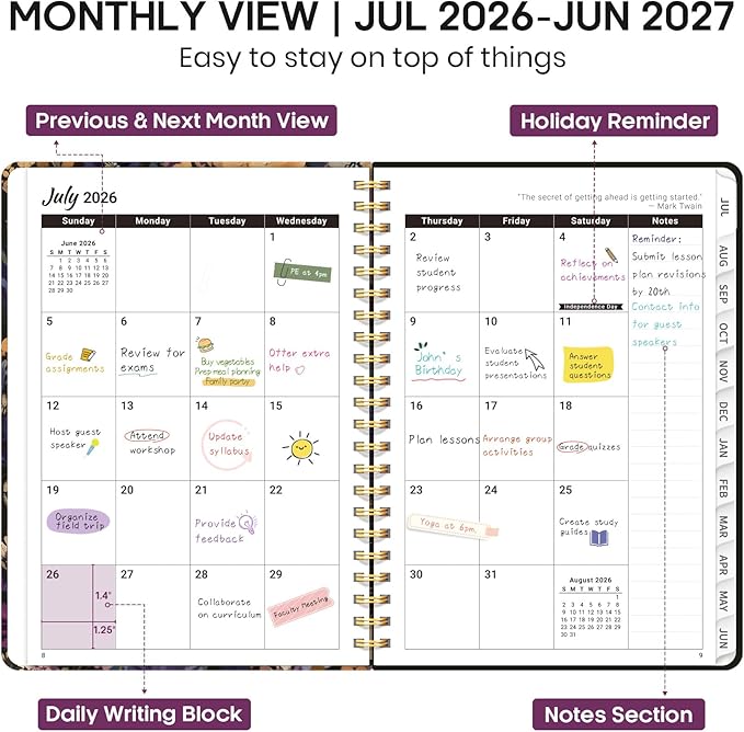 Academic Planner 2026-2027, Weekly and Monthly Calendar Book, July 2026 – June 2027, Hardcover Planner with Tabs, Perfect for Teachers, Students, Women & Men, A5 (6.4" x 8.5") - Midnight Bloom