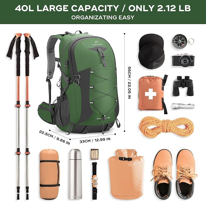 Maelstrom 40L Hiking Backpack, Lightweight Camping Daypack with Rain Cover | Water-Resistant Rip-Stop Nylon, Wet/Dry Separation, Multi-Pockets, Survival Whistle. Ideal For Men, Women, Travel, Trekking