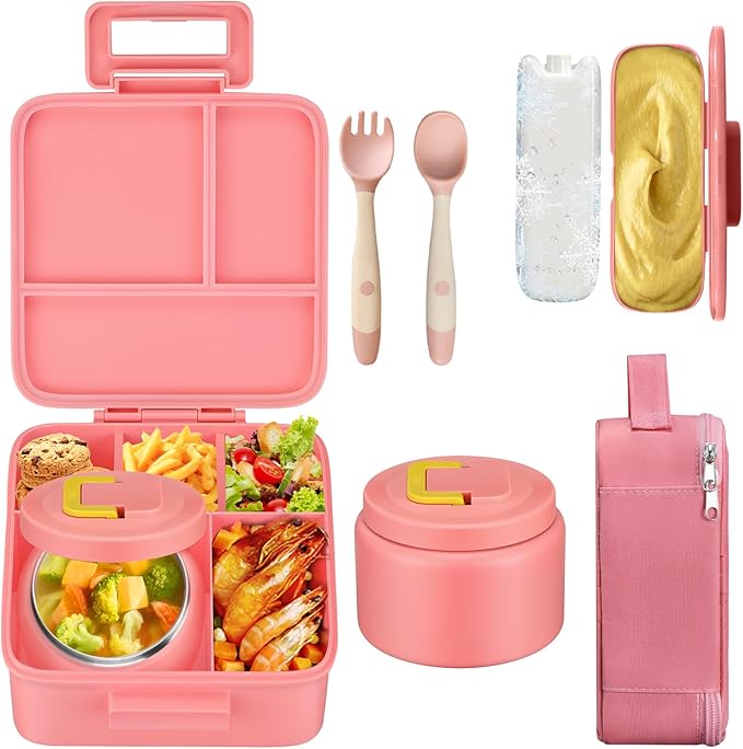 MAISON HUIS Bento Lunch Box with 8oz Soup Thermo, 5-Compartment Leak-Proof Container, Thermo Hot Food Jar and Insulated Lunch Bag, BPA Free,Travel, School (Pink)