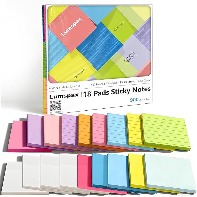 3x3 Inches Sticky Notes Variety Pack, 18 Pads Self Stick Notes, 50 Sheets/Pad, 900 Total Sheets, Included Blank, Lined and Transparent Pads, Bulk Teacher School and Office Supplies