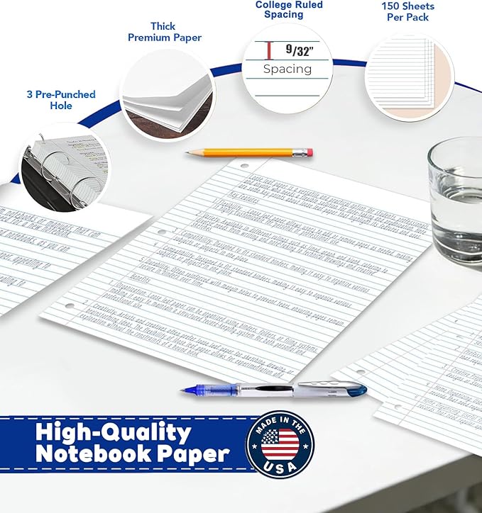 Notebook Paper USA-Made Loose Leaf Paper, 24 Pack 3600 Sheets 8"x10.5" College Ruled - 3-Hole Punched Bulk Filler Paper for 3-Ring Binder, 150 Sheets/Pack, Wholesale Available