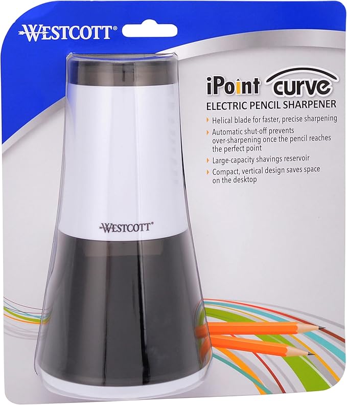 Westcott iPoint Curve Electric Pencil Sharpener - Sharpen Regular, Graphite, and Drawing Pencils - Office and School Supplies for Teachers and Kids - Compact - Corded Plug-in Design - White