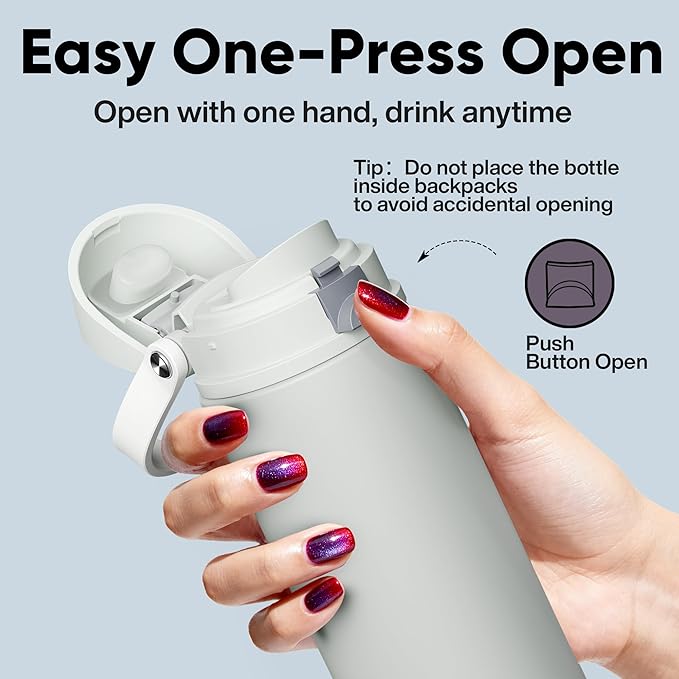Insulated Water Bottle with Straw - Encool Stainless Steel Water Bottle with Push Button Lid, Leak-Proof & BPA-Free, Keeps Cold for 24 Hours for Sports, Travel, Gym (24 oz, Silver Grey)