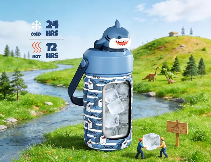 POWCAN 12 oz Insulated Water Bottle for School: 2-in-1 Straw Spout Lid with Soft Animal Head, Leakproof, BPA-Free, Keep Cold 24H, Easy Carry, Stainless Steel Cup for Kids, Boys, Girls (Baby Shark)