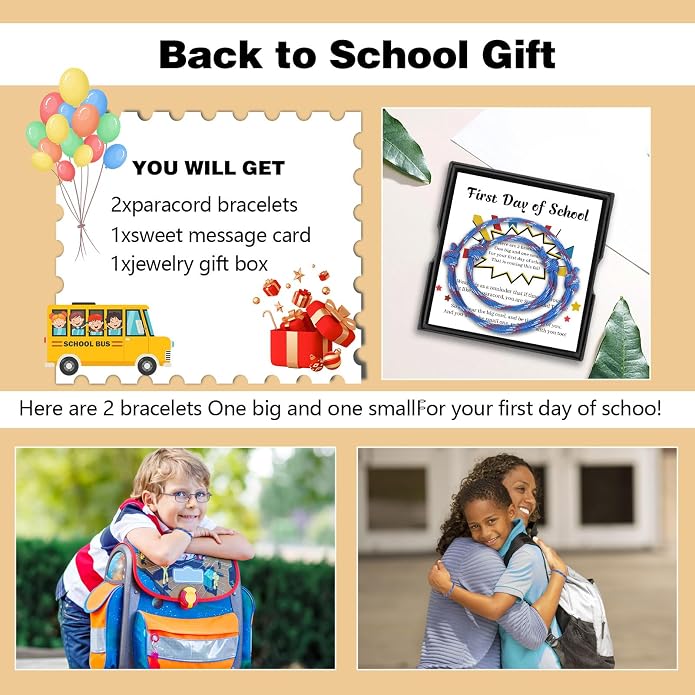 Back to School Gifts Mommy and Me Bracelets Kindergarten School Supplies | Back to school bracelet set of 2, paracord with sliding knot, includes keepsake card and jewelry box