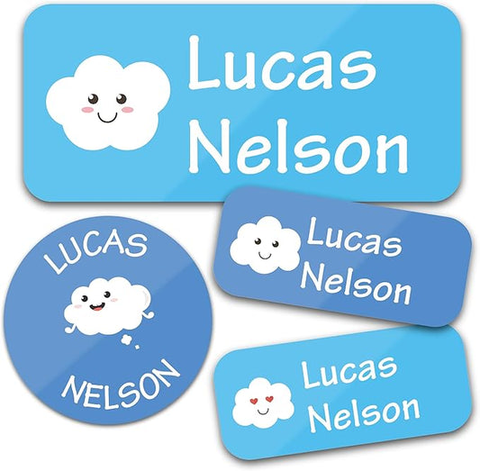 Bunny Badges Personalized Daycare Name Labels for Kids (130 Labels) - Custom Waterproof Name Stickers for Clothing Tags, Water Bottles, Lunch Boxes and School Supplies (Clouds)