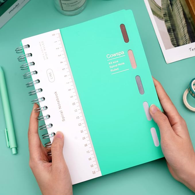Yoment 5 Subject Spiral Notebook Spiral Bound Journal Wide Ruled 7"x 8.5" Hardcover Spiral Notebook with Dividers A5 Lined Notebook for College Students Writing Journal School Office Supplies,Teal